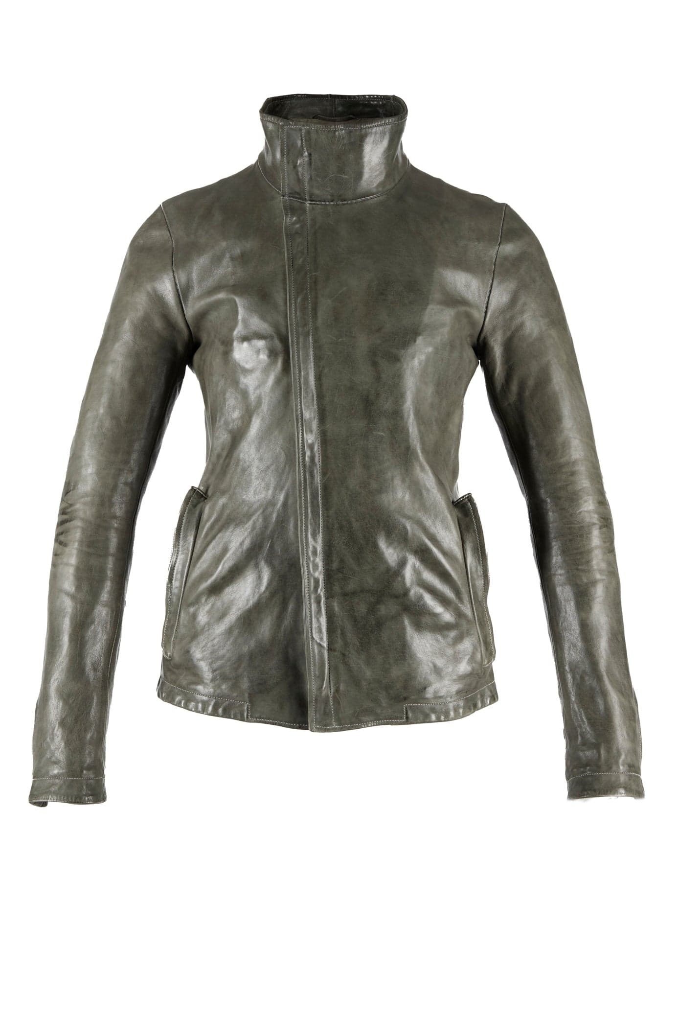 Object Dyed Lined Prosthetic Elbow High Neck Leather Jacket